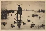 HUNTER WITH DECOYS ETCHING by Frank Weston Benson, pencil signed in margin lower left. Housed in a period frame bearing Greenwich, sold Nov 2024