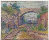 ATTRIBUTED IMPRESSIONISTIC LANDSCAPE PAINTING WITH RAILROAD SCENE by Kathryn E. Cherry, oil on canvas (laid on board) with areas of impasto, sold Oct 2024