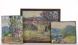ATTRIBUTED IMPRESSIONISTIC LANDSCAPE PAINTINGS, LOT OF THREE by Kathryn E. Cherry, oil on canvas (laid on board) with areas of impasto, sold Oct 2024