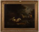 ATTRIBUTED, PASTORAL LANDSCAPE WITH SHEEP AND SHEPHERD by George Morland, oil on canvas, sold Oct 2024