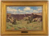WHERE THE HIGH DESERT BREAKS LANDSCAPE PAINTING by Charles Fritz, oil on artist's board, sold Oct 2024