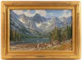 IN THE TWIN LAKE CIRQUE LANDSCAPE PAINTING by Charles Fritz, oil on artist's board, sold Oct 2024