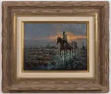 BILL BARBER (AMERICAN, B. 1940) WESTERN LANDSCAPE WITH COWBOY AND HORSES by William Harold, oil on board, sold Oct 2024