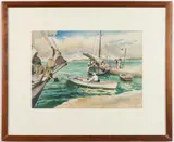 WHARF SCENE WITH BOATS AND FIGURES by Gerald Leake, watercolor on paper, sold Oct 2024