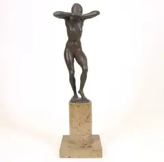 Untitled by Hugo Lederer, Bronze sculpture of standing female nude with head pointing downward and hands covering face, sold Sep 2021