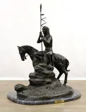 Old Coon Foot & Young Brave by Marshall Mitchell, Bronze sculpture, sold Sep 2021