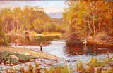 Hatchery Pool, Margaree River by Joseph James Crilley, Oil on board, sold Sep 2021