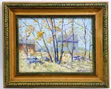 Barns by Lake Galeana (sic), Bucks County, PA by Christopher G. Willett, Oil on board, sold Mar 2022
