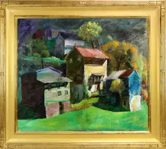 Prestons Tin Shop, House and Barn by Charles W. Ward, Oil on canvas, sold Mar 2022