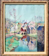 Village with trees with pink blooms and little street with bridge by Walter Emerson Baum, Oil on canvas, sold Jun 2022