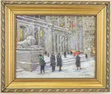 Hustle and Bustle by Library, New York City by Christopher G. Willett, Oil on board, sold Jun 2022