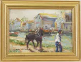 End of Day, Mule Barge, New Hope, Bucks County, PA by Christopher G. Willett, Oil on board, sold Jun 2022
