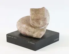 Sleeping Cat by Margot Kempe, Sculpture of a cat titled "Sleeping Cat" and attached to wooden plinth, sold Oct 2022