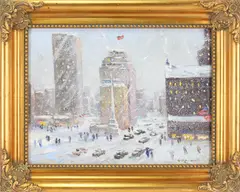 Columbus Square, New York City by Christopher Willett, Oil on board, sold Dec 2022
