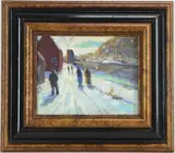 Morning Shift, Mill Workers by Christopher G. Willett, Oil on boards, sold Dec 2022