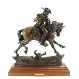 I Fear No Evil by Vic Payne, Patinated bronze sculpture of a cowboy with a rifle on a horse, sold Dec 2022