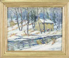Mill Along Creek, Tinicum Bucks County Pa by Christopher Willett, Oil on board, sold Dec 2022