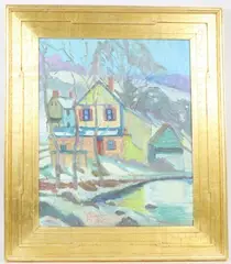 Early Spring, Pond House by Joseph Barrett, Oil on canvas, sold Mar 2023