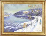 On the towpath by Black Bass by Christopher Willett, Oil on board, sold Dec 2024