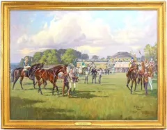 Racing at Epsom by John Gregory King, Oil on canvas, sold Dec 2024
