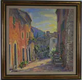 Street in Valdemosa with Medieval Tower by Bruno Zupan, Oil on canvas, sold Mar 2025