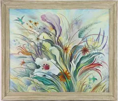 Hummingbirds World by Charles Child, Oil and tempura on board, sold Dec 2023