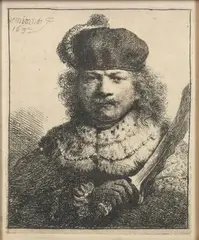 Self Portrait with Raised Sabre by Rembrandt Harmensz van Rijn, Etching by Rembrandt van Rijn (1606-1669) titled “Self Portrait with Raised Sabre” and also identified as “Self-portrait, sold Sep 2022