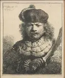 Self Portrait with Raised Sabre by Rembrandt Harmensz van Rijn, Etching by Rembrandt van Rijn (1606-1669) titled “Self Portrait with Raised Sabre” and also identified as “Self-portrait, sold Sep 2022