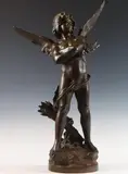 Untitled by Auguste Moreau, Bronze sculpture of Cupid with his arms crossed holding an arrow, sold Sep 2022