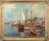 Fishing Boats in a Harbor by C. Hjalmar "Cappy" Amundsen, Oil on canvas, sold Sep 2022