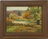 Barn Big Tree and Creek by Alfred Bryan Wall, Oil on board, sold Jun 2023