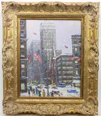 Rush Hour Manhattan, View of Trinity Church by Christopher Willett, Oil on board, sold Jun 2023