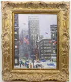 Rush Hour Manhattan, View of Trinity Church by Christopher Willett, Oil on board, sold Jun 2023