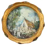 Stokes Poges by Evelyn Faherty, Oil on board "Stokes Poges" SLR and en verso Landscape with cemetery 4"Round, offered Dec 2018