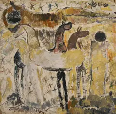 Untitled (Composition with horses) by Purvis Young, oil, added wood elements, mixed media on board, sold Oct 2020