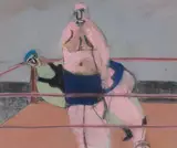 Untitled (Pink and green wrestlers) by Scott G. Miller, graphite and pastel on paper, sold Oct 2020