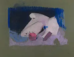 Le Chien Amoureux d'une Pomme by Benoît Gilsoul, pastel and ink on green paper, sold Oct 2020