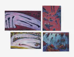 Group, four (4) waterfall scenes by Robert Schaberl, 1988, acrylic on paper, sold Oct 2020