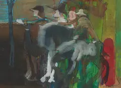 Les Fermers by Benoît Gilsoul, ink and oil on paper mounted to mat, sold Oct 2020