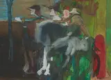 Les Fermers by Benoît Gilsoul, ink and oil on paper mounted to mat, sold Oct 2020