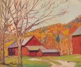 Study of Red Barn in Autumn by Robert Emmett Owen, oil on canvas board, sold Oct 2020