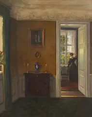 Interior with a Lady Staring out the Window by Hans Hilsøe, oil on canvas, sold Oct 2020