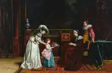 Untitled (Woman and young girl presenting bouquet of flowers to a sitting woman and standing man) by N. Henry Bingham, oil on canvas, sold Oct 2020