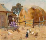 Girl seated on a wheelbarrow in a farmyard by Ruth Sutherland, c.1920, oil on canvas on board, offered Nov 2025