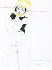 Self with protective head-wear to think about my father by Del Kathryn Barton, 2001, pencil and coloured pencil on paper, sold Nov 2025