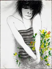 Woman With Flowers by George Baldessin, 1976, conte, charcoal and acrylic on paper, sold Feb 2024