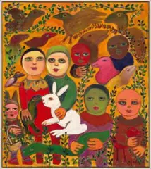 The White Rabbit And Family by Mirka Mora, 2004, oil on canvas, sold Apr 2024