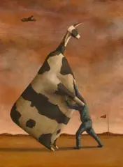 Man Lifting Cow by John Kelly, 1994, oil on linen, sold Apr 2024