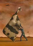 Man Lifting Cow by John Kelly, 1994, oil on linen, sold Apr 2024