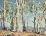 Sunlit Gums, Hahndorf by Hans Heysen, 1951, watercolour on paper on card, sold Apr 2024